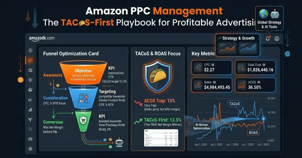 Amazon PPC Management: The TACoS-First Playbook for Profitable Advertising dashboard visualization showing funnel optimization, TACoS versus ACoS comparison, key performance metrics including CPC, sales, ACoS, and a TACoS trend chart